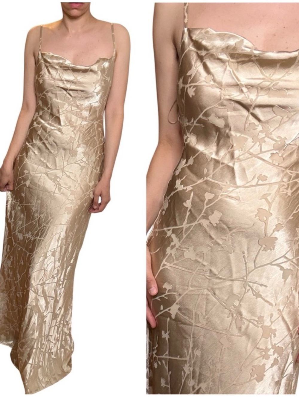 Reformation Gold Floral Jacquard Satin Maxi Slip Dress